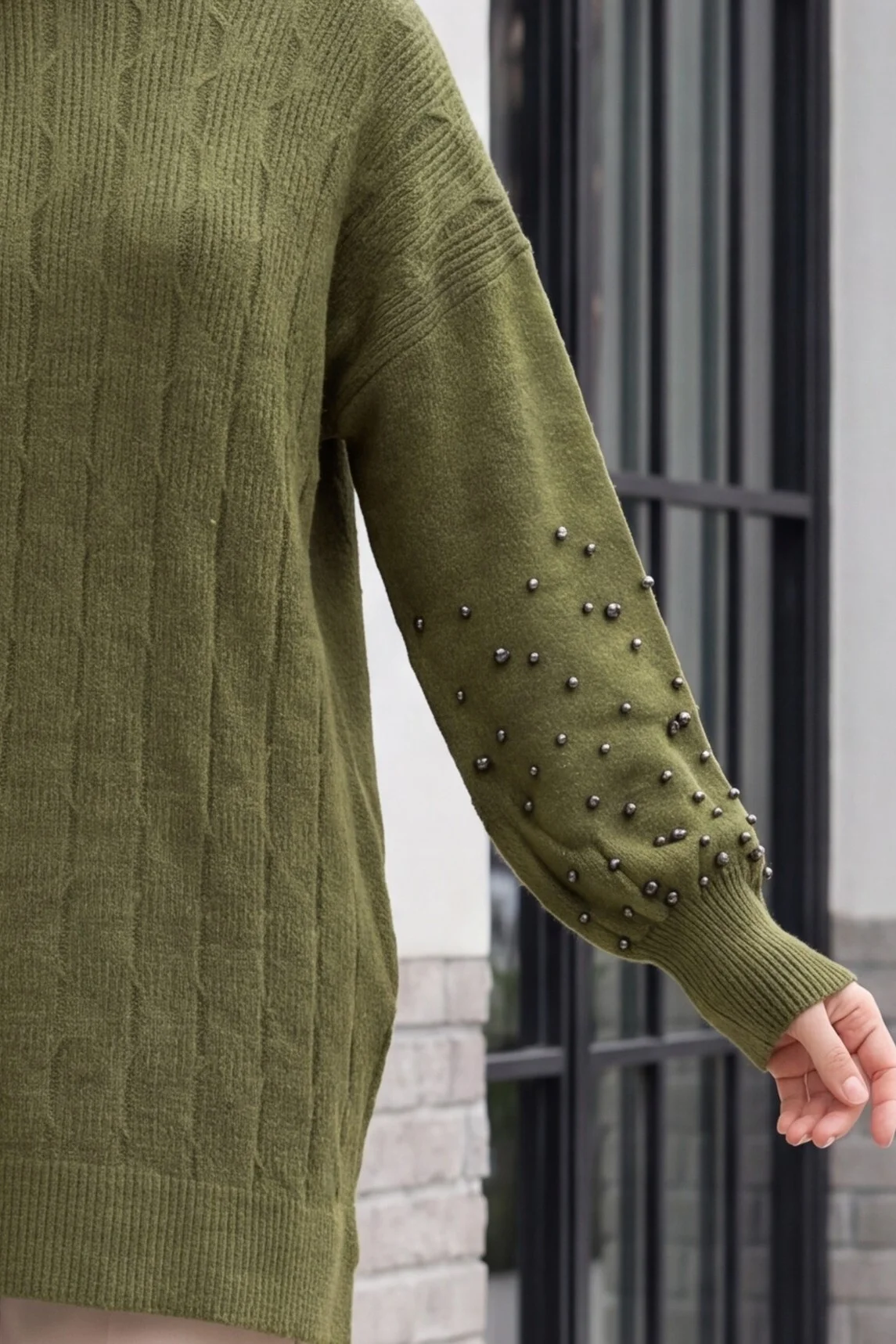 Pearl-Sleeve Patterned Relaxed Knit Tunic - Olive Green - Podyumplus - by Peralane - photo 6