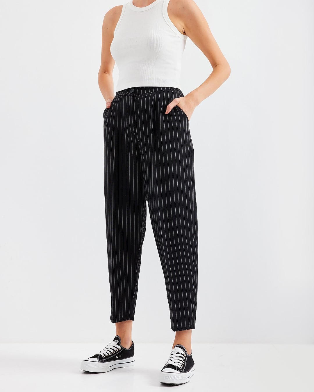 High Waist Pinstripe Trousers - Black - Bigdart - by Peralane - photo 3
