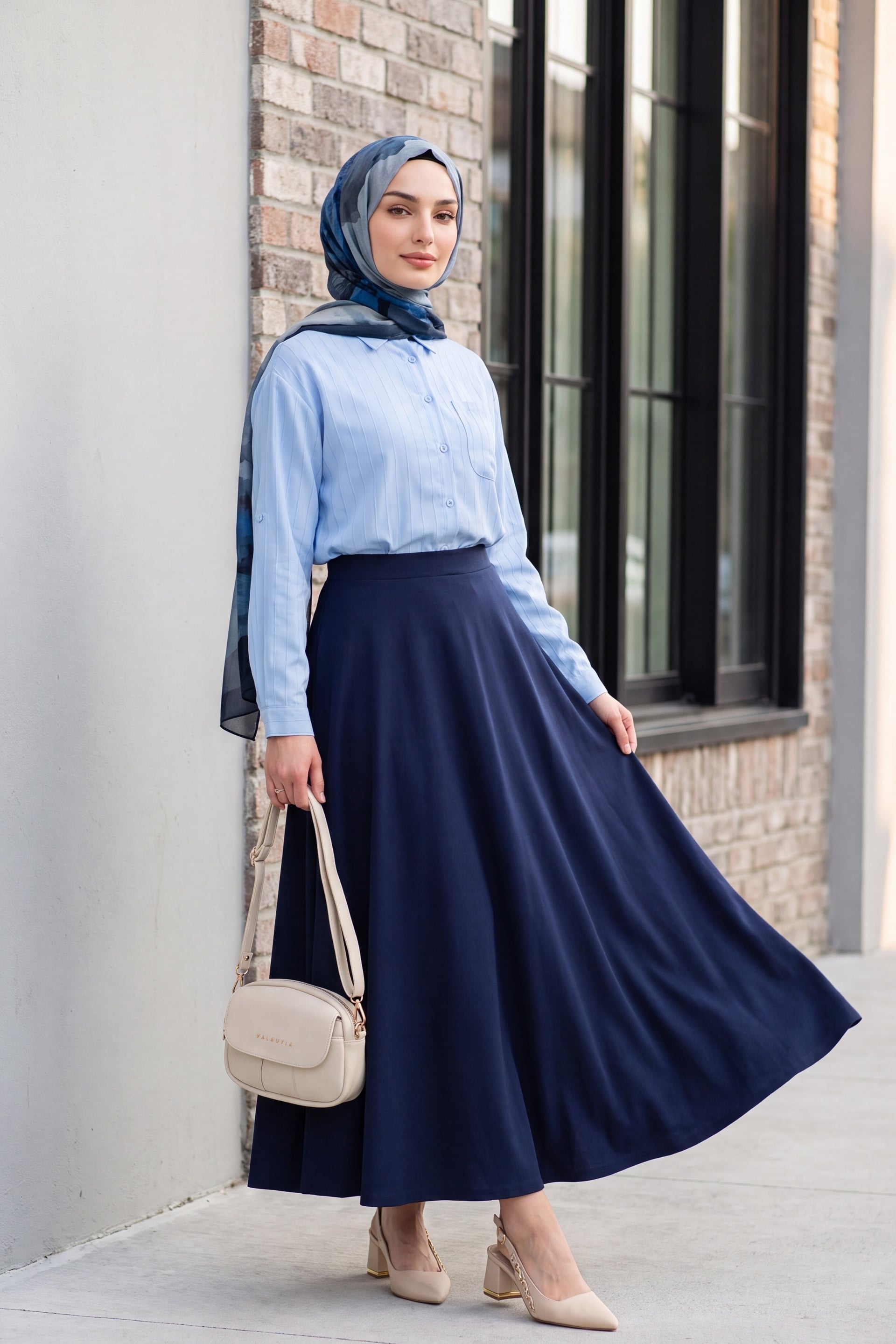 Elasticated Waist Flared Crepe Skirt - Navy - Podyumplus - by Peralane - photo 5