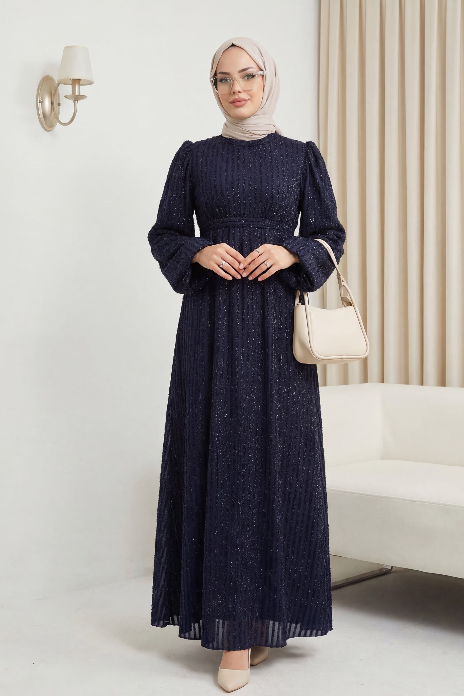 Navy Blue Sequin Striped Long Sleeve Belted Dress for Women - Podyumplus - by Peralane