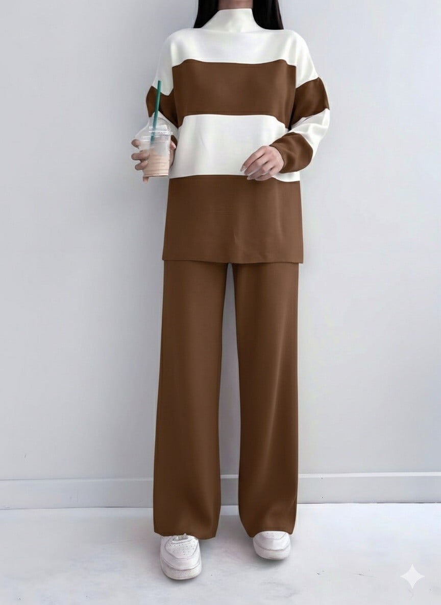 Half Mock Neck Striped Knit Co-ord Set - Tan - Podyumplus - by Peralane