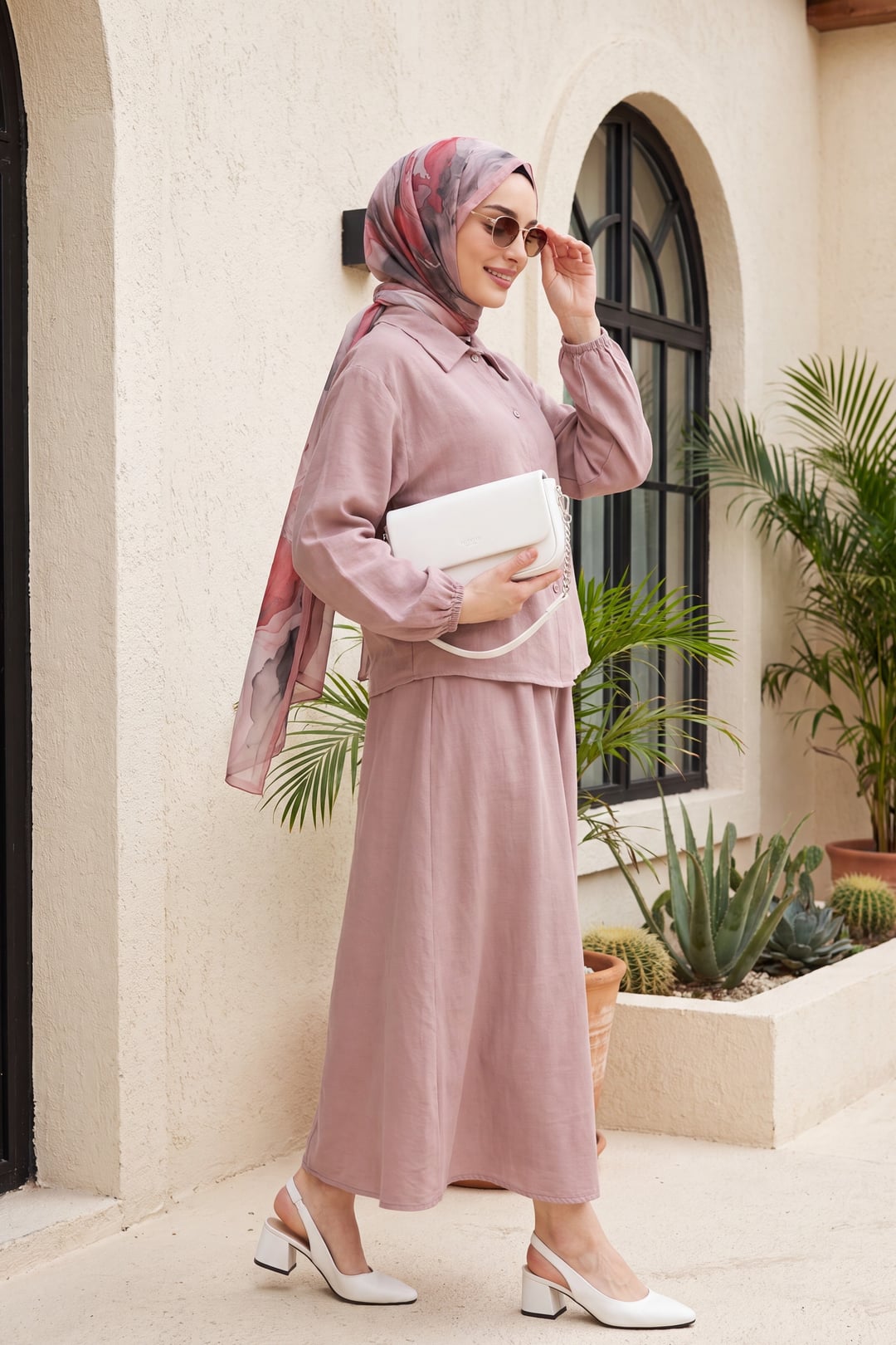Dusty Rose Linen Blend Two-Piece Set with Collared Blouse and Midi Skirt - Podyumplus - by Peralane - photo 4