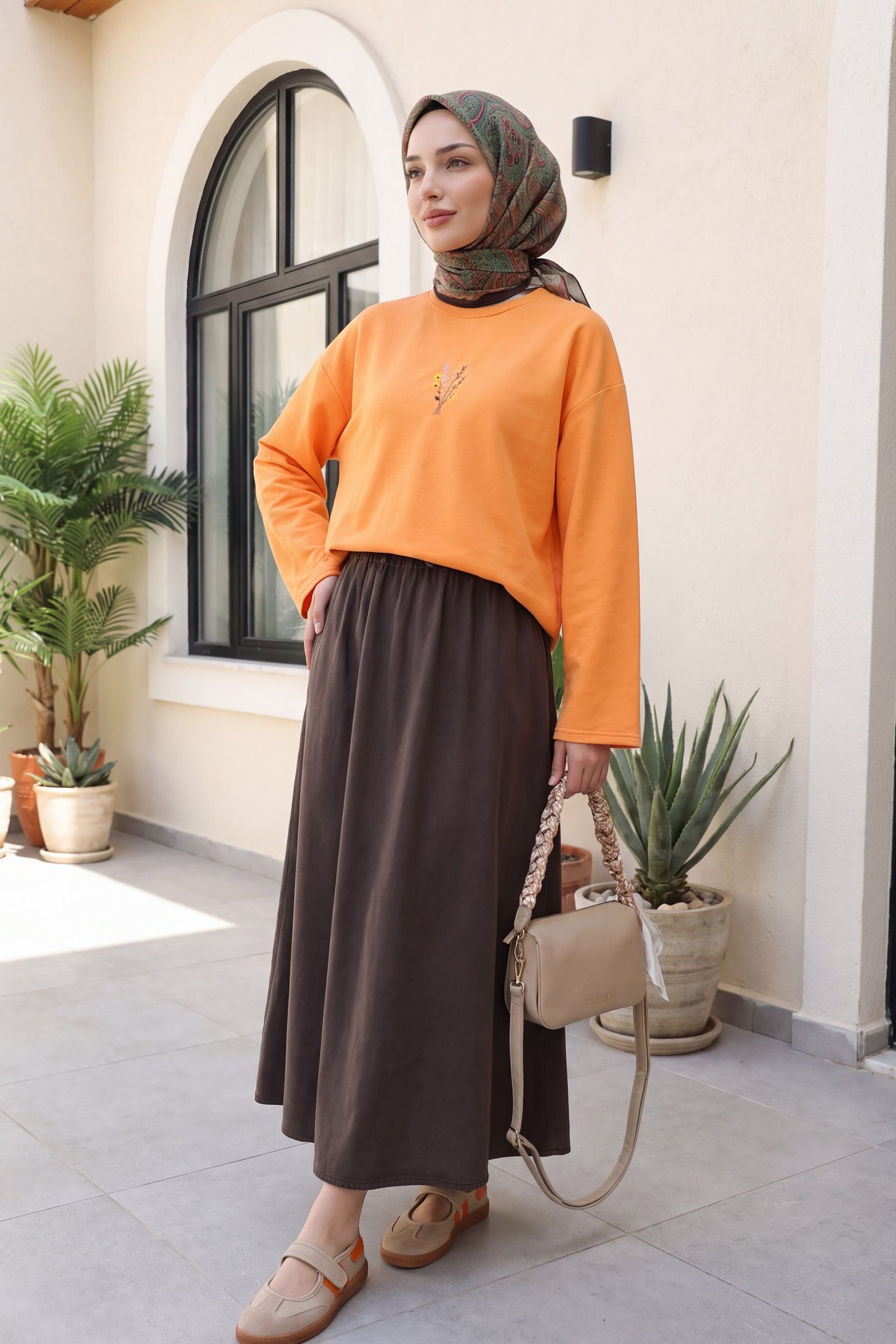 Orange Floral Embroidered Crew Neck Oversize Sweatshirt - Podyumplus - by Peralane - photo 4