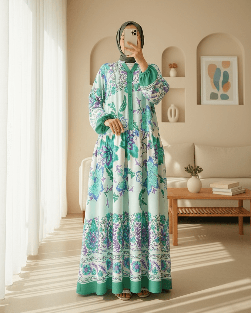 Mint Green Floral Long Sleeve Modest Dress - Women's - Bigdart - by Peralane - photo 2