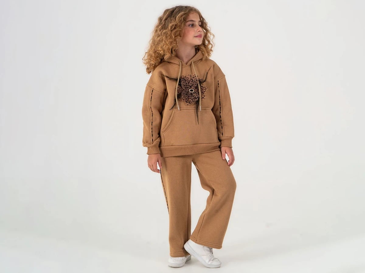 Girls' Leopard Pattern Hooded Tracksuit Set - Brown - Lumii - by Peralane