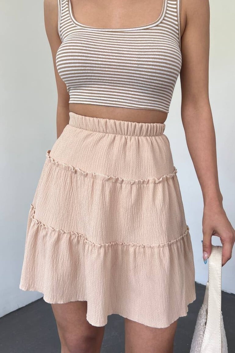 Elasticated Waist Skort with Ruffled Tiers - Beige - Podyumplus - by Peralane