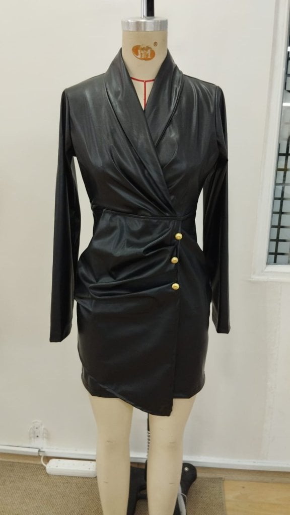 Women's Long Sleeve Faux Leather Mini Dress with Lapel Collar and Asymmetric Hem - Janes - by Peralane - photo 4
