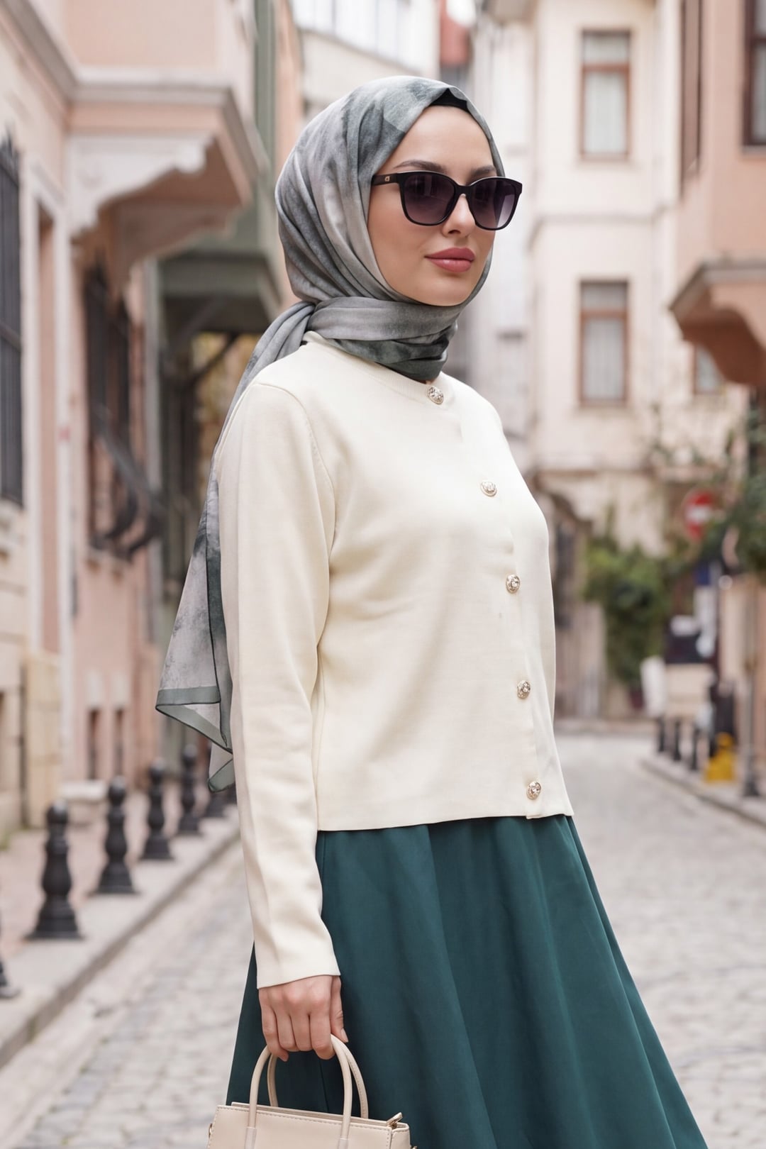 Cream Buttoned Round Neck Knit Cardigan - Podyumplus - by Peralane