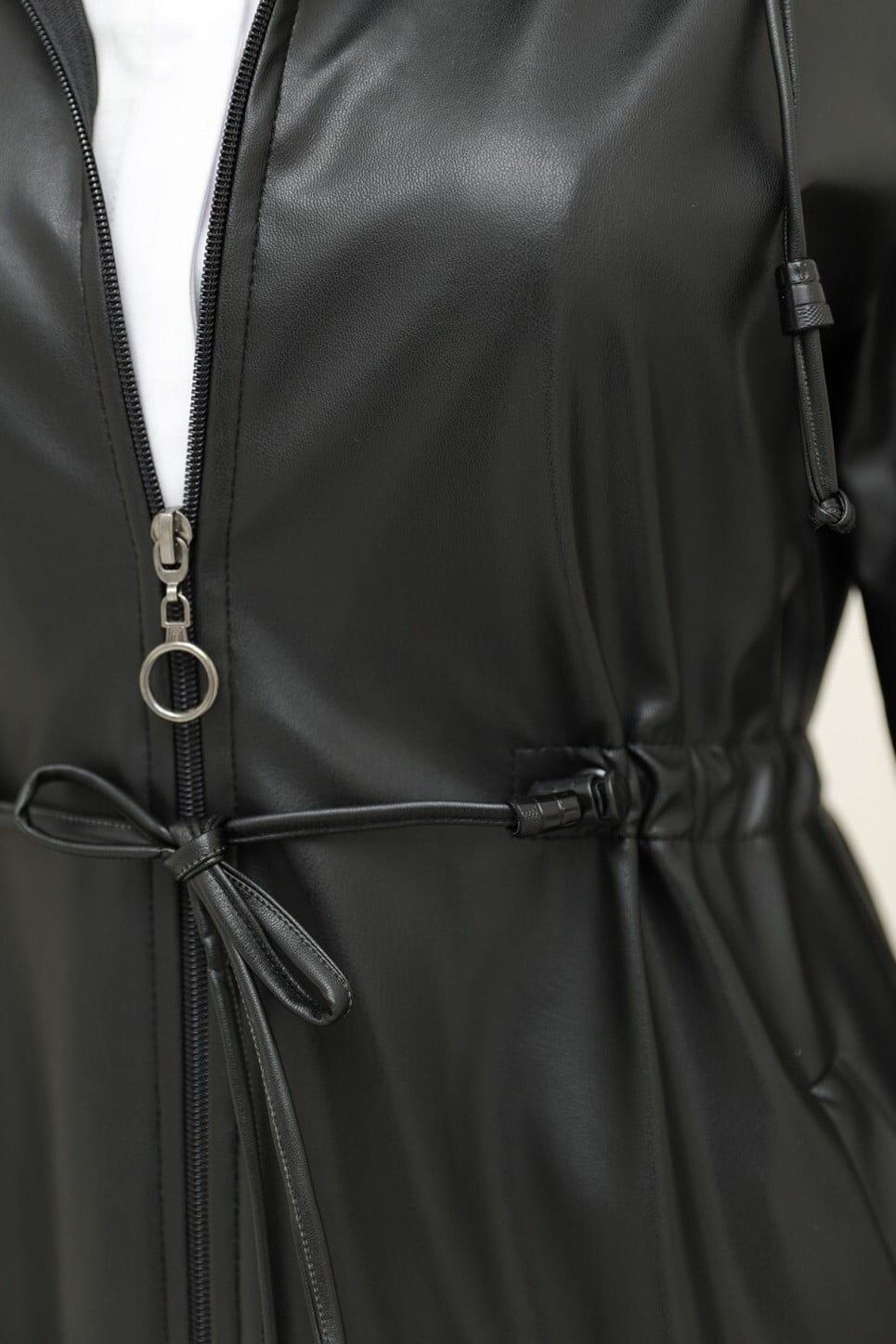 Tunnel Drawstring Hooded Long Faux Leather Coat - Black - Podyumplus - by Peralane - photo 3