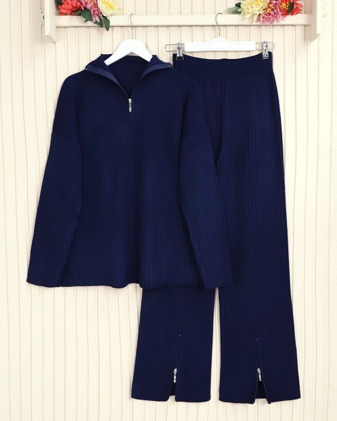 Half Mock Neck Ribbed Knit Lounge Set - Navy - Podyumplus - by Peralane - photo 4