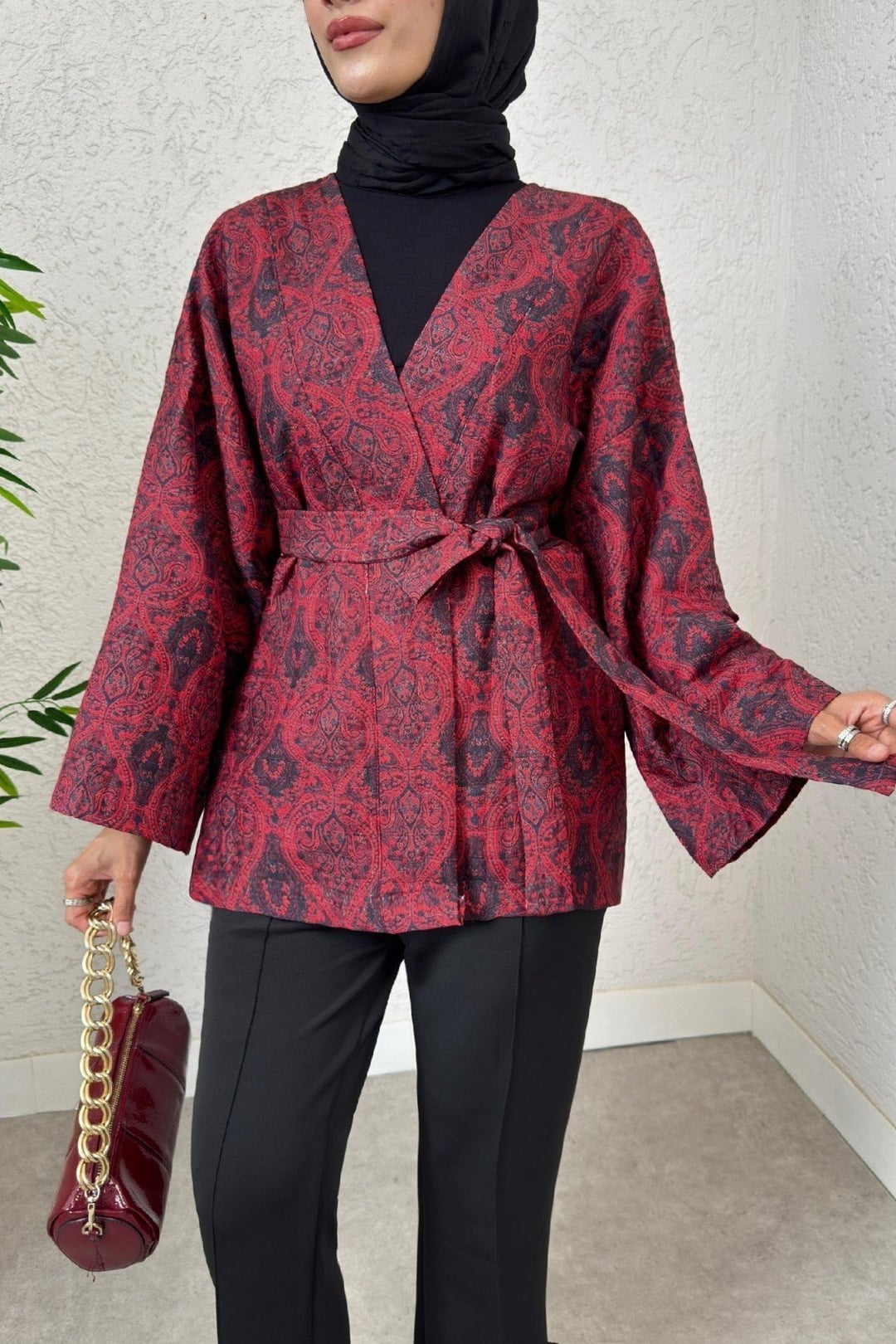 Digital Print Belted Quilted Kimono - Red - Podyumplus - by Peralane - photo 6