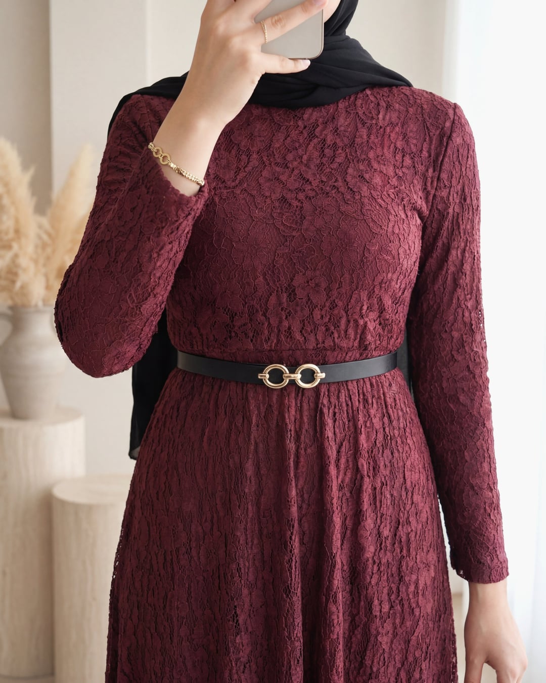 Belted Lined Lace Dress - Burgundy - Podyumplus - by Peralane - photo 5