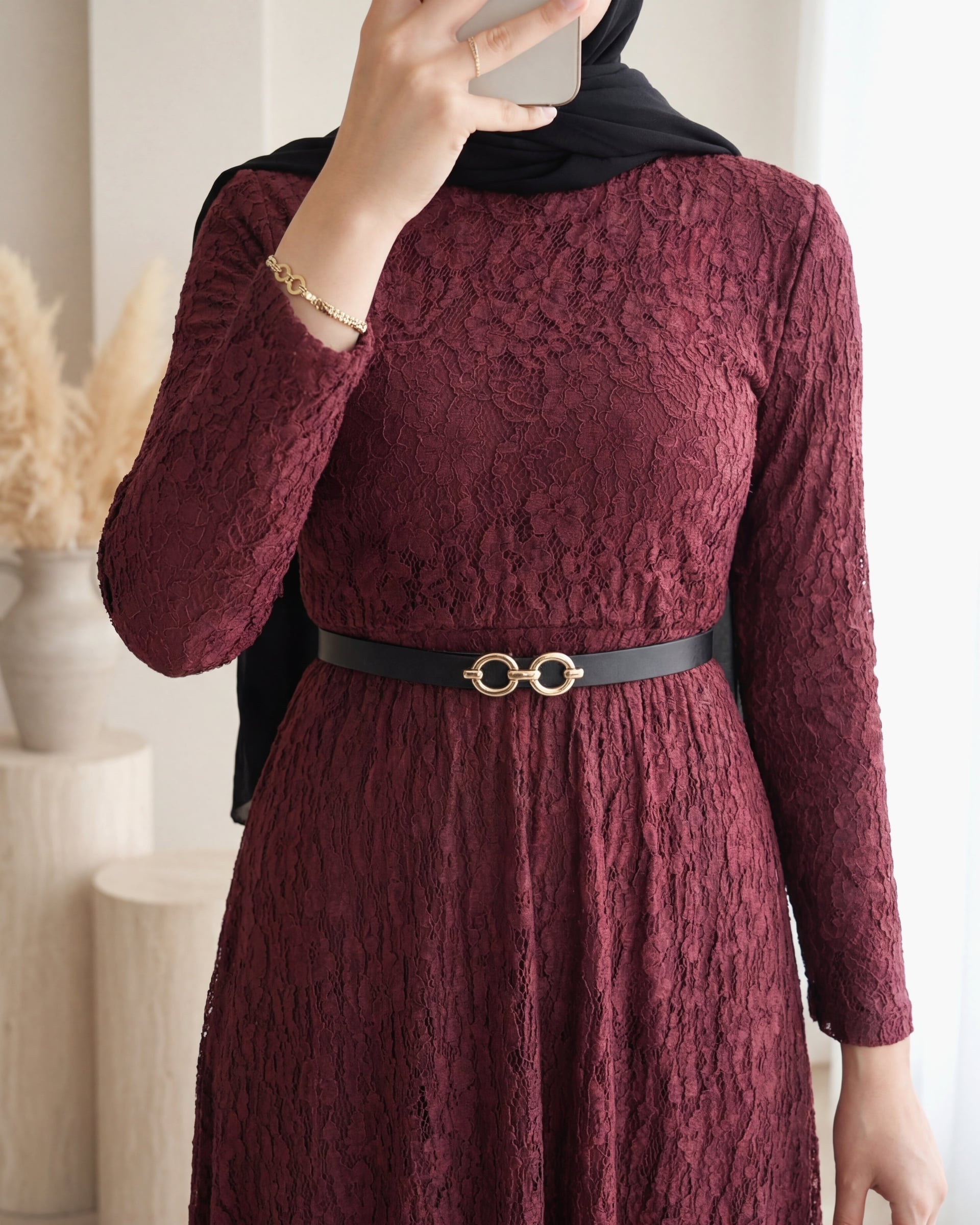 Belted Lined Lace Dress - Burgundy - Podyumplus - by Peralane - photo 5