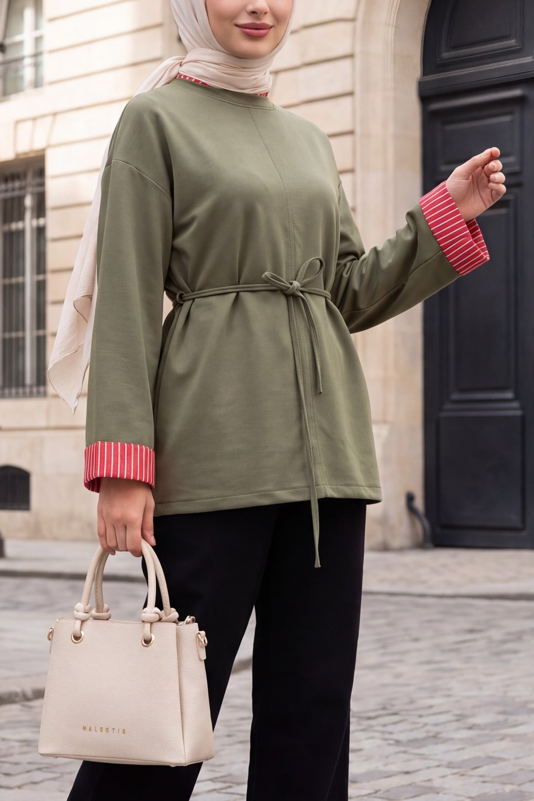 Olive Green Knit Tunic with Tie Belt and Striped Cuffs - Podyumplus - by Peralane