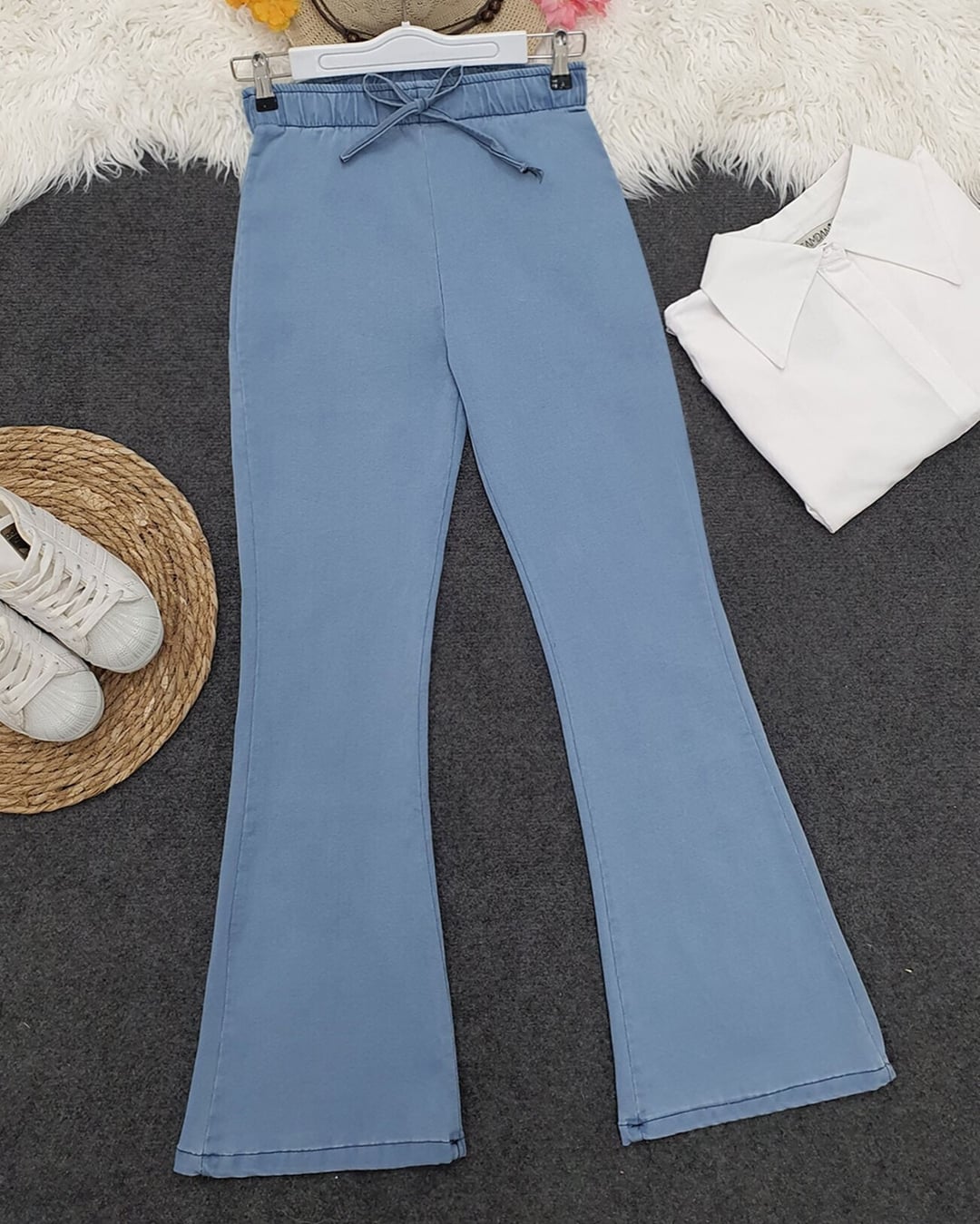 Light Blue High-Waist Flared Drawstring Denim Trousers - Podyumplus - by Peralane - photo 6