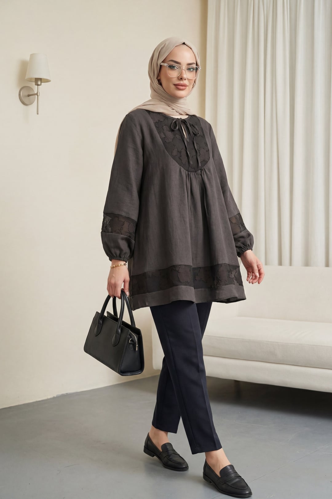 Tie-Front Lace-Trimmed Modal Tunic in Dark Coffee - Podyumplus - by Peralane - photo 2