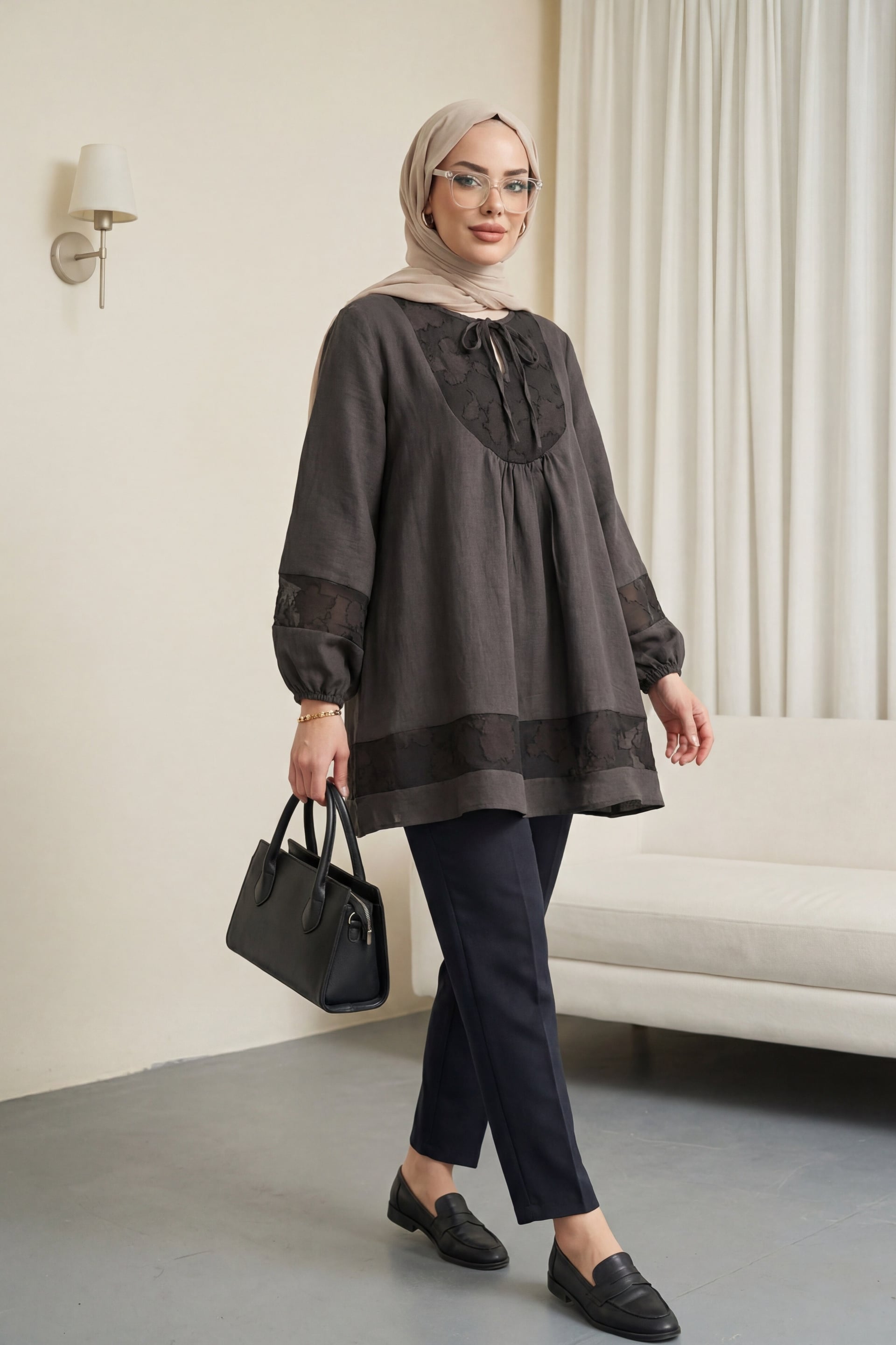 Tie-Front Lace-Trimmed Modal Tunic in Dark Coffee - Podyumplus - by Peralane - photo 2