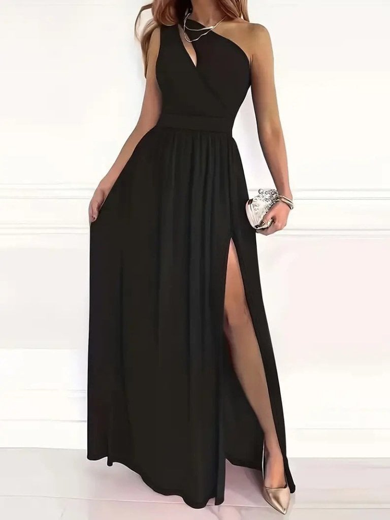 Women's Black Asymmetric One-Shoulder Maxi Dress with Slit - Janes - by Peralane - photo 3