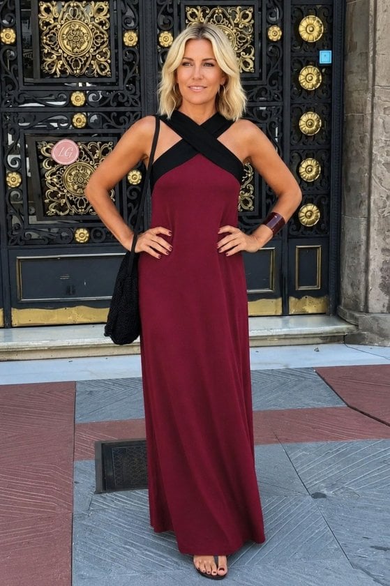 Women's Two-Tone Long Viscose Maxi Dress with Front Cross Detail - Janes - by Peralane - photo 2