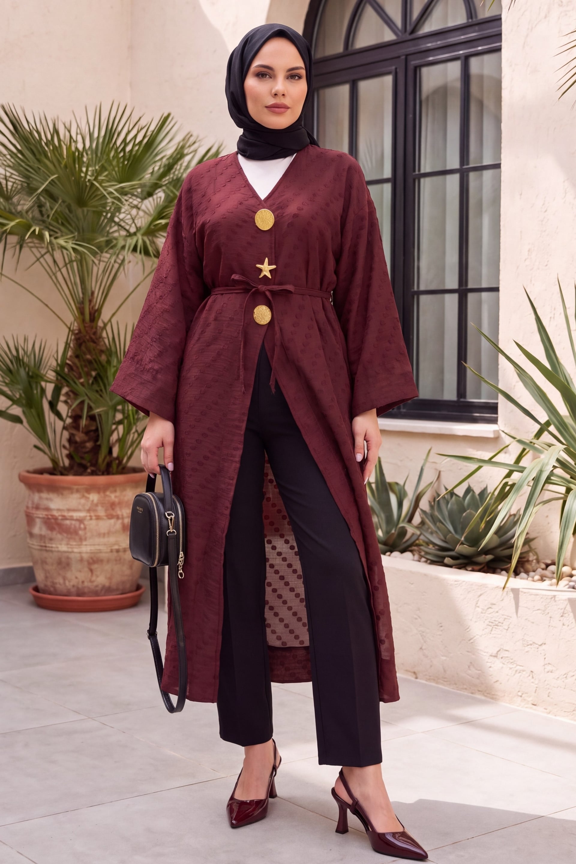 Burgundy Brooch Detail Side-Slit Jacquard Kimono - Podyumplus - by Peralane - photo 4