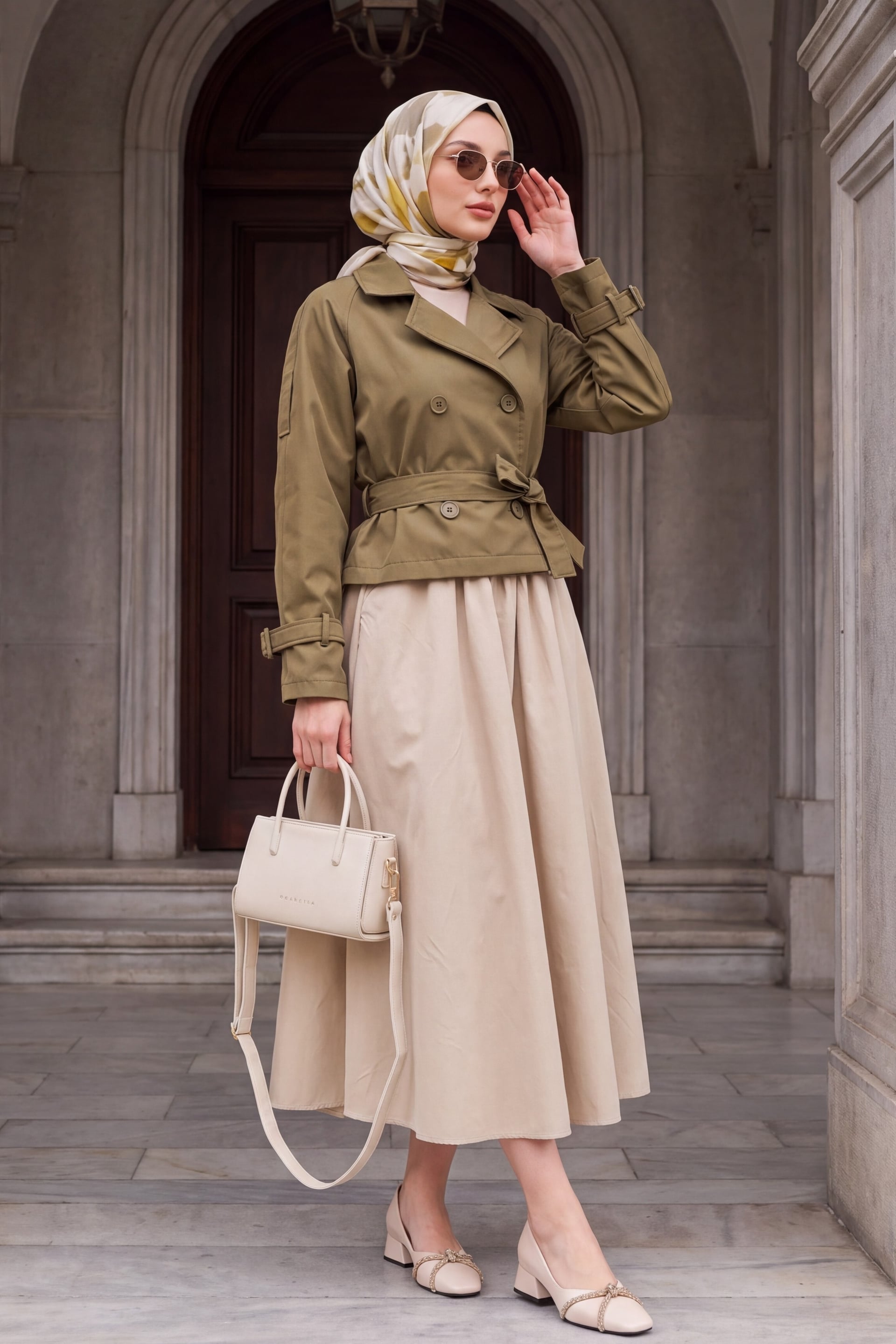 Women's Belted Short Trench Coat in Olive - Wholeskop - by Peralane - photo 4