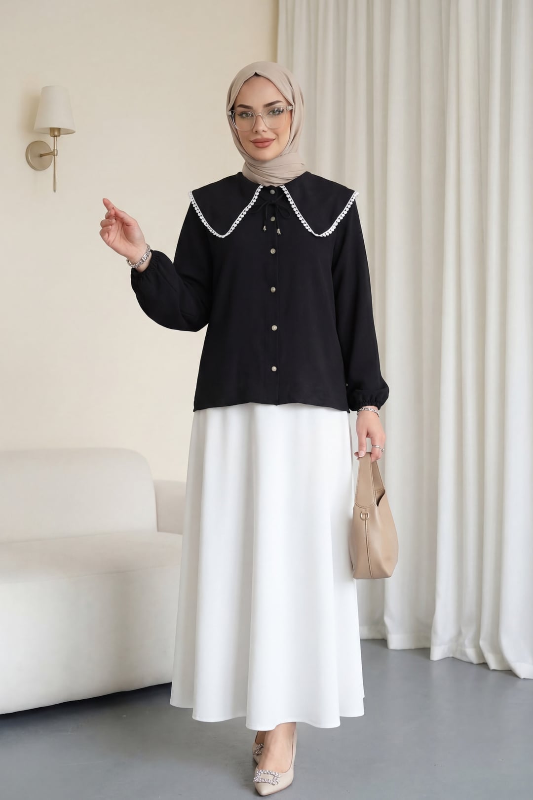 Peter Pan Collar Lace Long Sleeve Blouse - Black - Podyumplus - by Peralane - photo 6