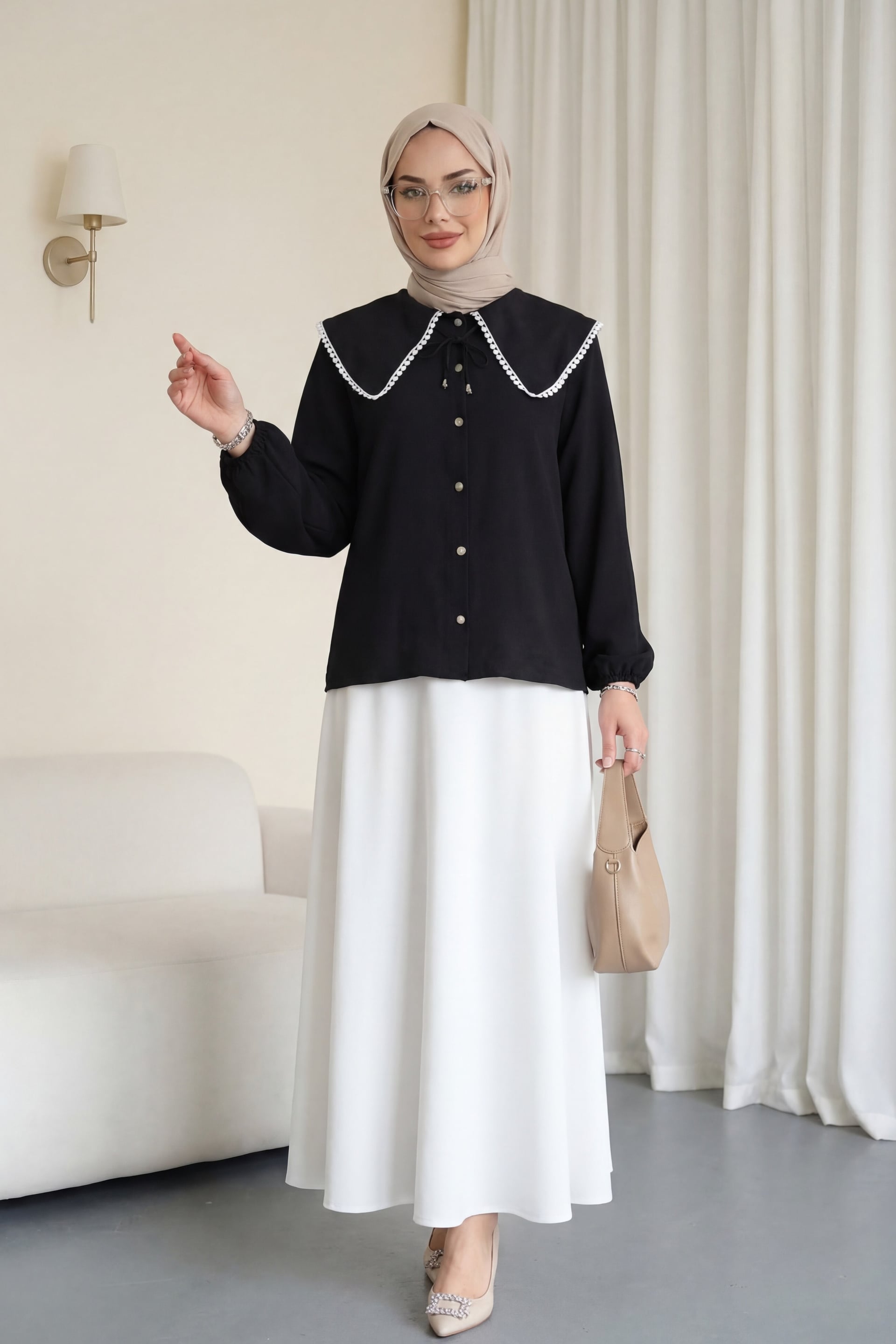 Peter Pan Collar Lace Long Sleeve Blouse - Black - Podyumplus - by Peralane - photo 6