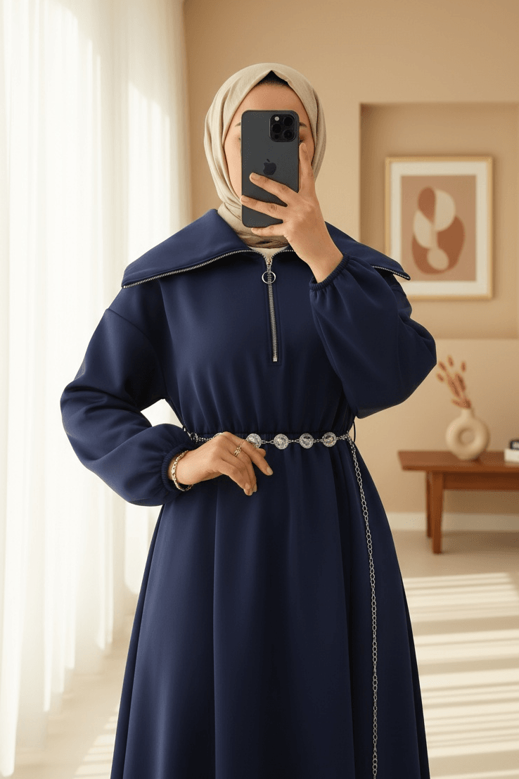 Navy Blue Half-Zip Scuba Dress with Belt - Podyumplus - by Peralane