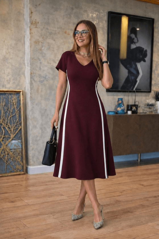 Women's Short Sleeve V-Neck Side Stripe Detail Viscose Two-Thread Midi Dress - Janes - by Peralane - photo 3