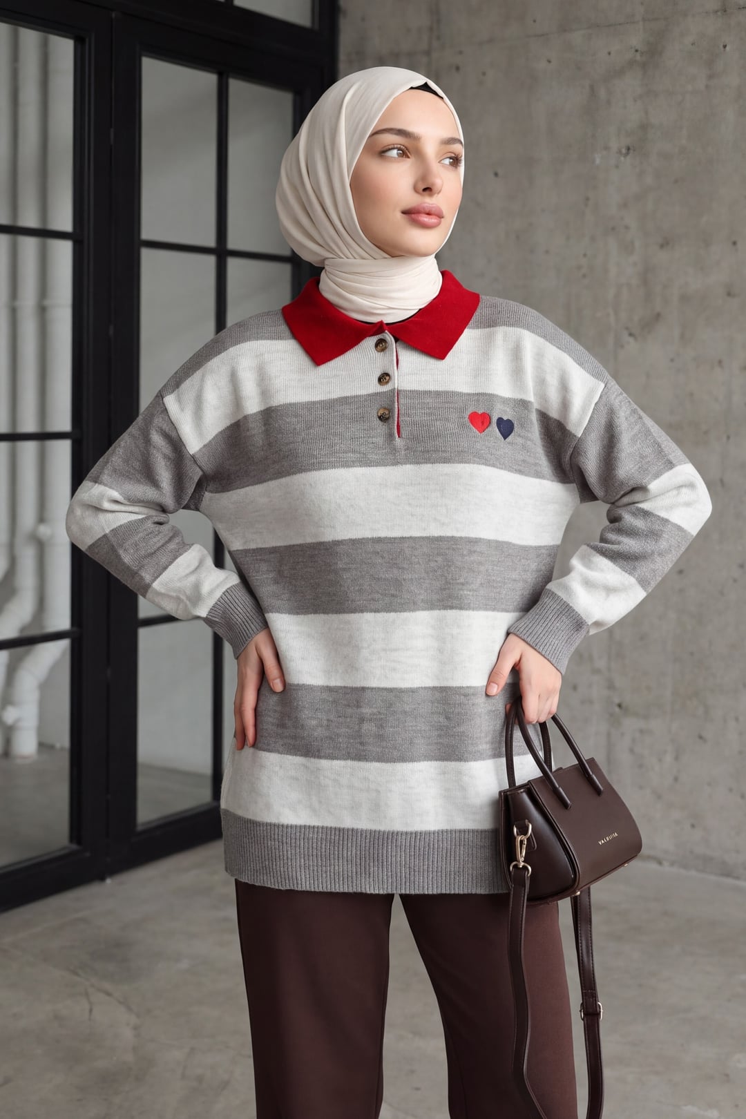 Shirt Collar Buttoned Heart Embroidery Knit Tunic - Earth - Podyumplus - by Peralane - photo 2