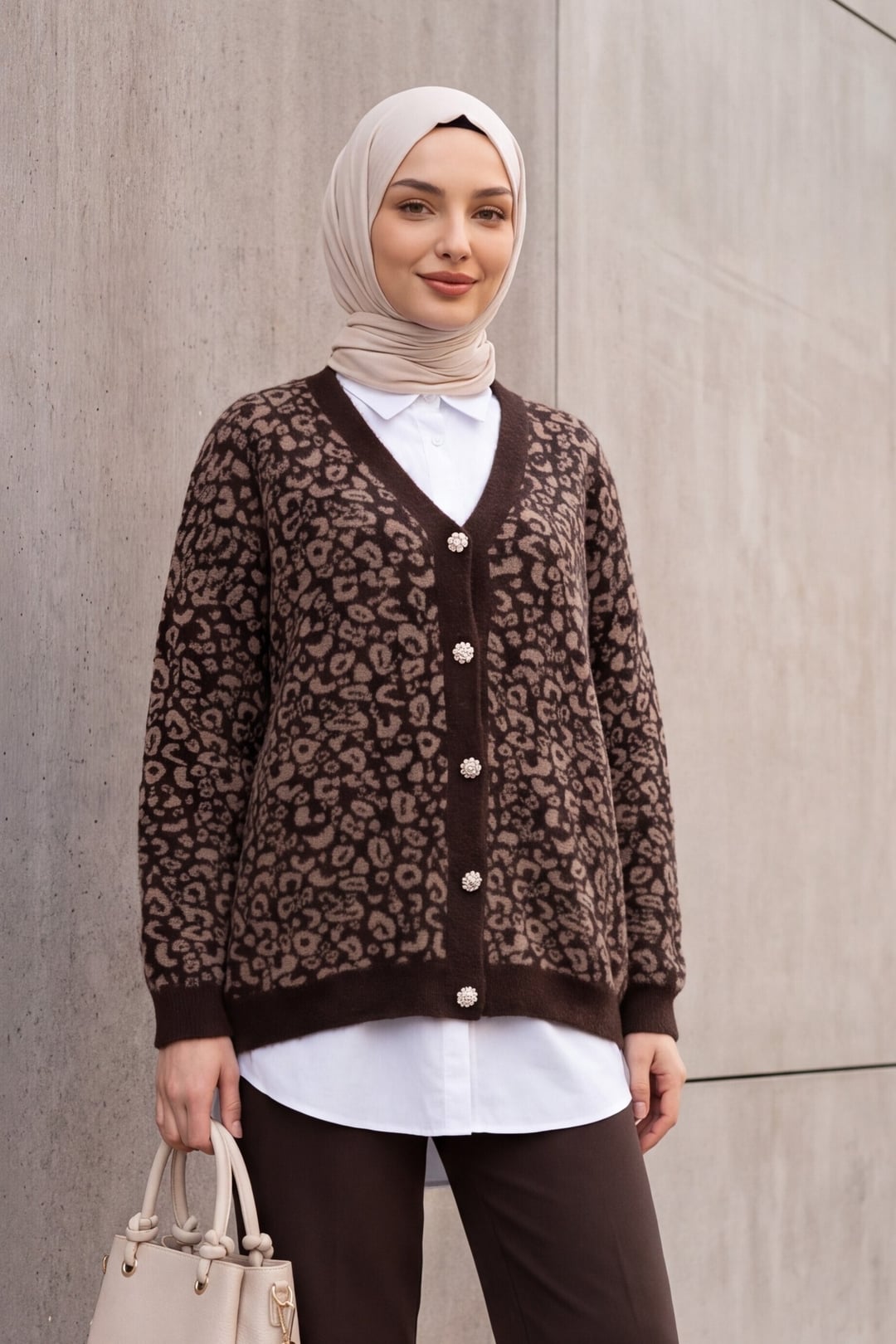 Leopard Print Buttoned Oversize Fringe Cardigan - Dark Brown - Podyumplus - by Peralane - photo 2
