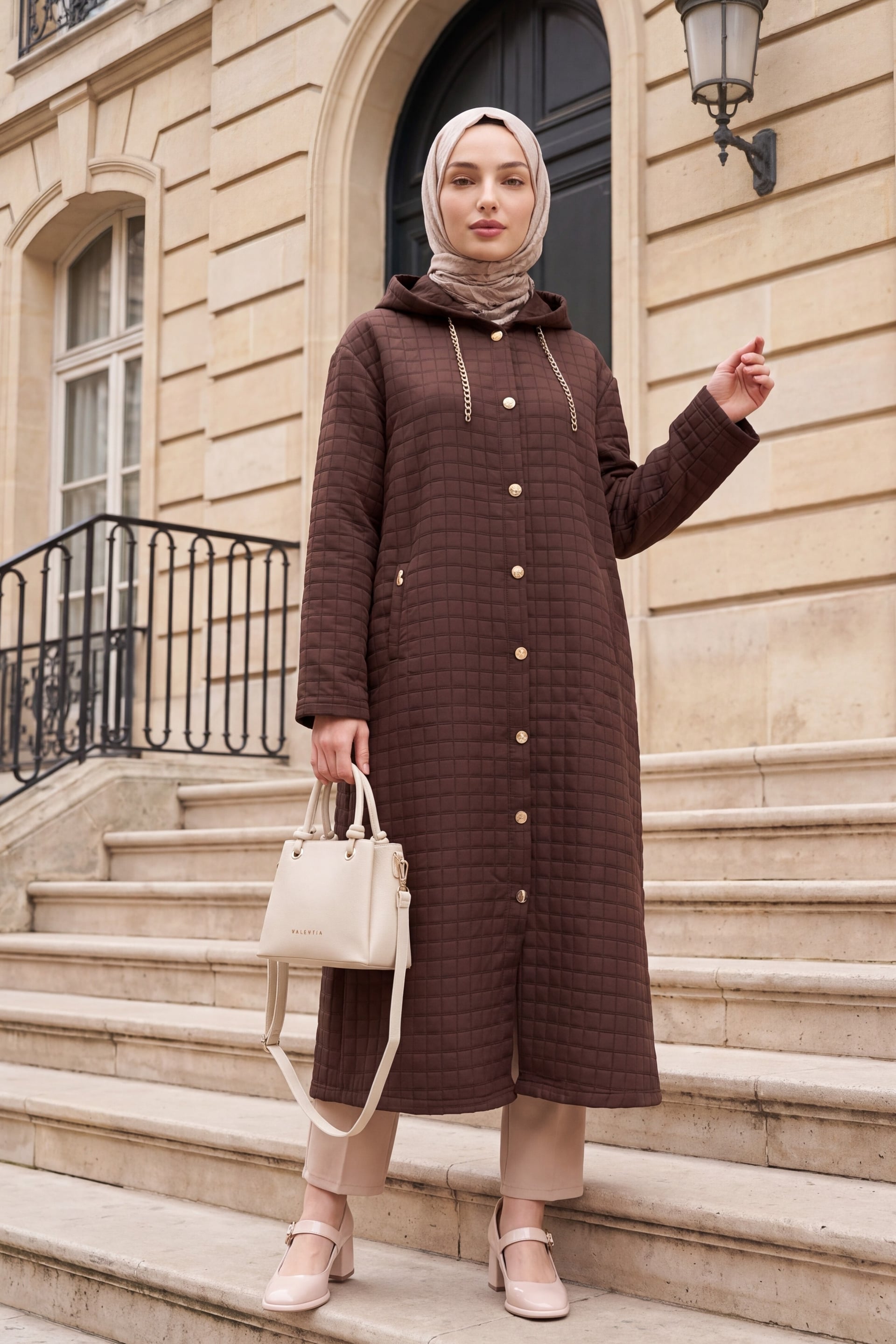 Long Quilted Coat with Chain Detail - Dark Brown - Podyumplus - by Peralane - photo 4