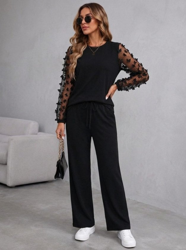 Women's Long-Sleeve Cycling Neck Tulle Sleeve Viscose Two-Thread Blouse and Pants Two-Piece Set - Janes - by Peralane - photo 4