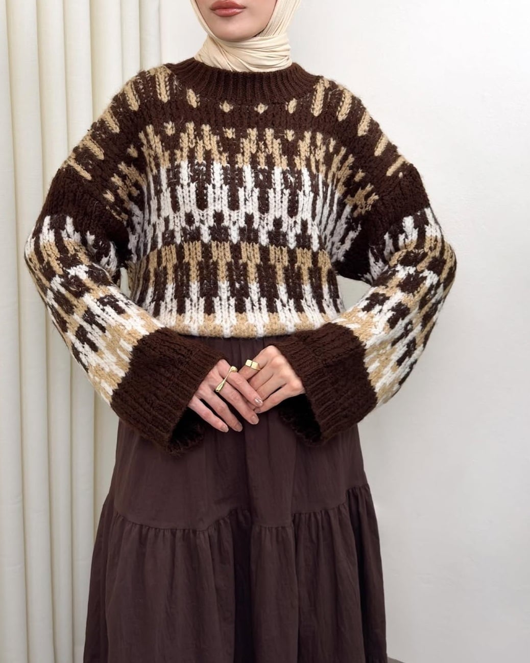 Three-Colour Patterned Thick Knit Sweater - Brown - Podyumplus - by Peralane - photo 4