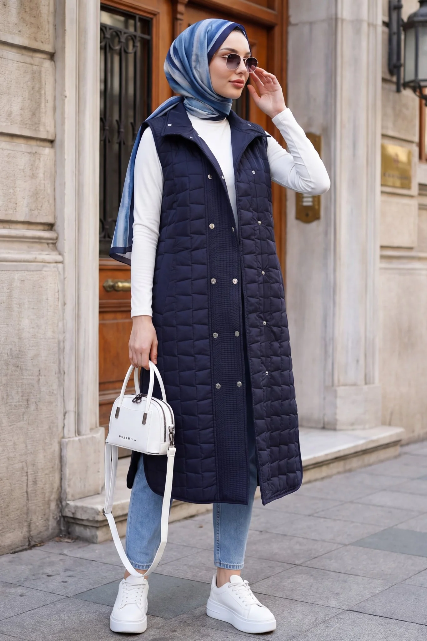 Navy Blue Long Quilted Vest with Stand-Up Collar and Pockets - Podyumplus - by Peralane - photo 3