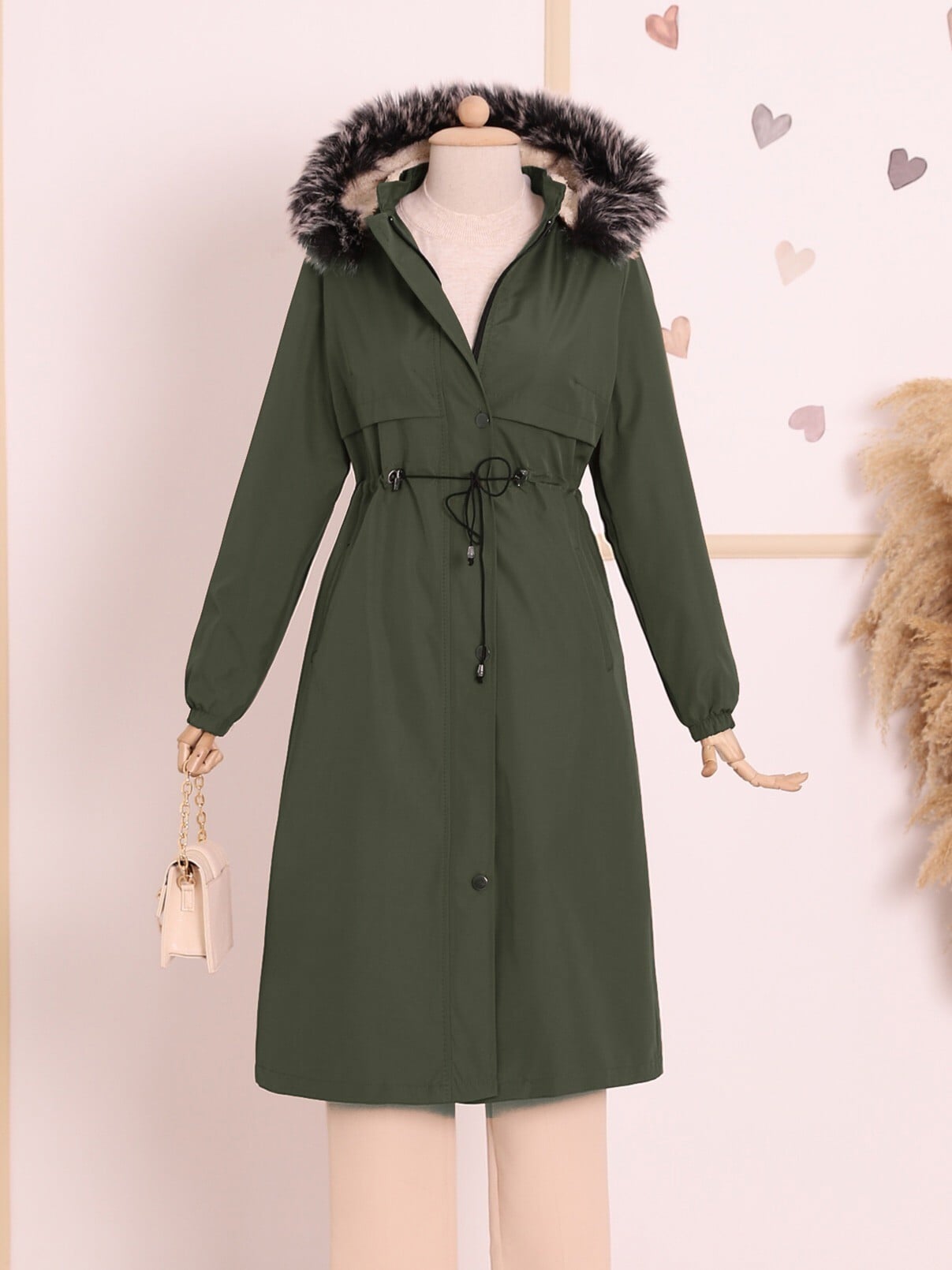 Hooded Faux Fur Trim Jacket with Drawstring Waist - Khaki - Podyumplus - by Peralane - photo 5