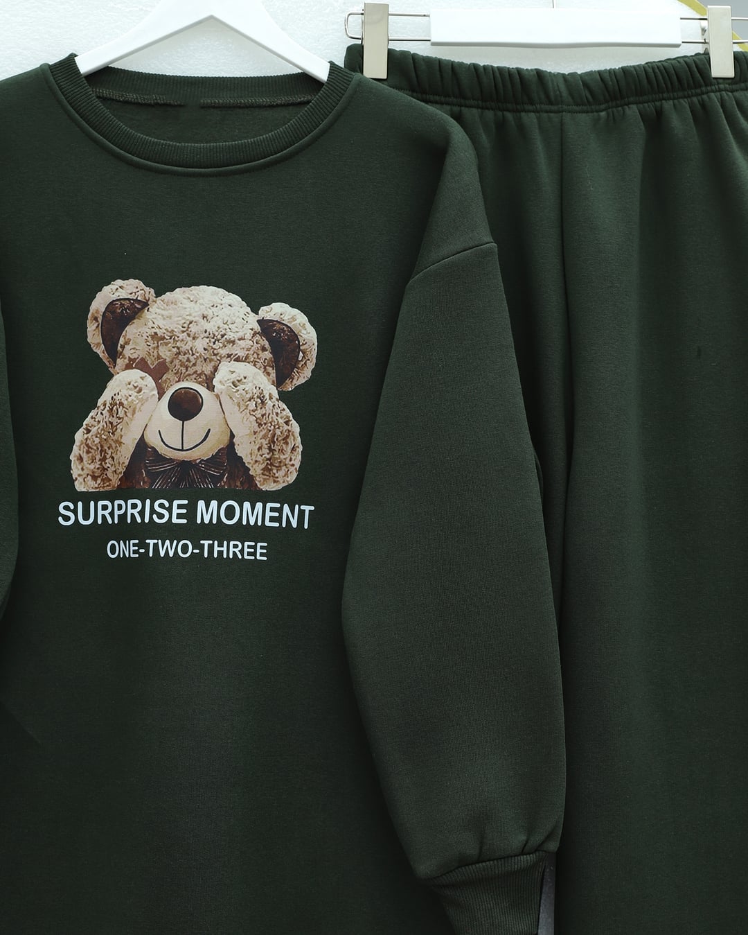 Teddy Bear Print Brushed 3-Thread Sweatshirt and Trousers Set - Khaki - Podyumplus - by Peralane - photo 5
