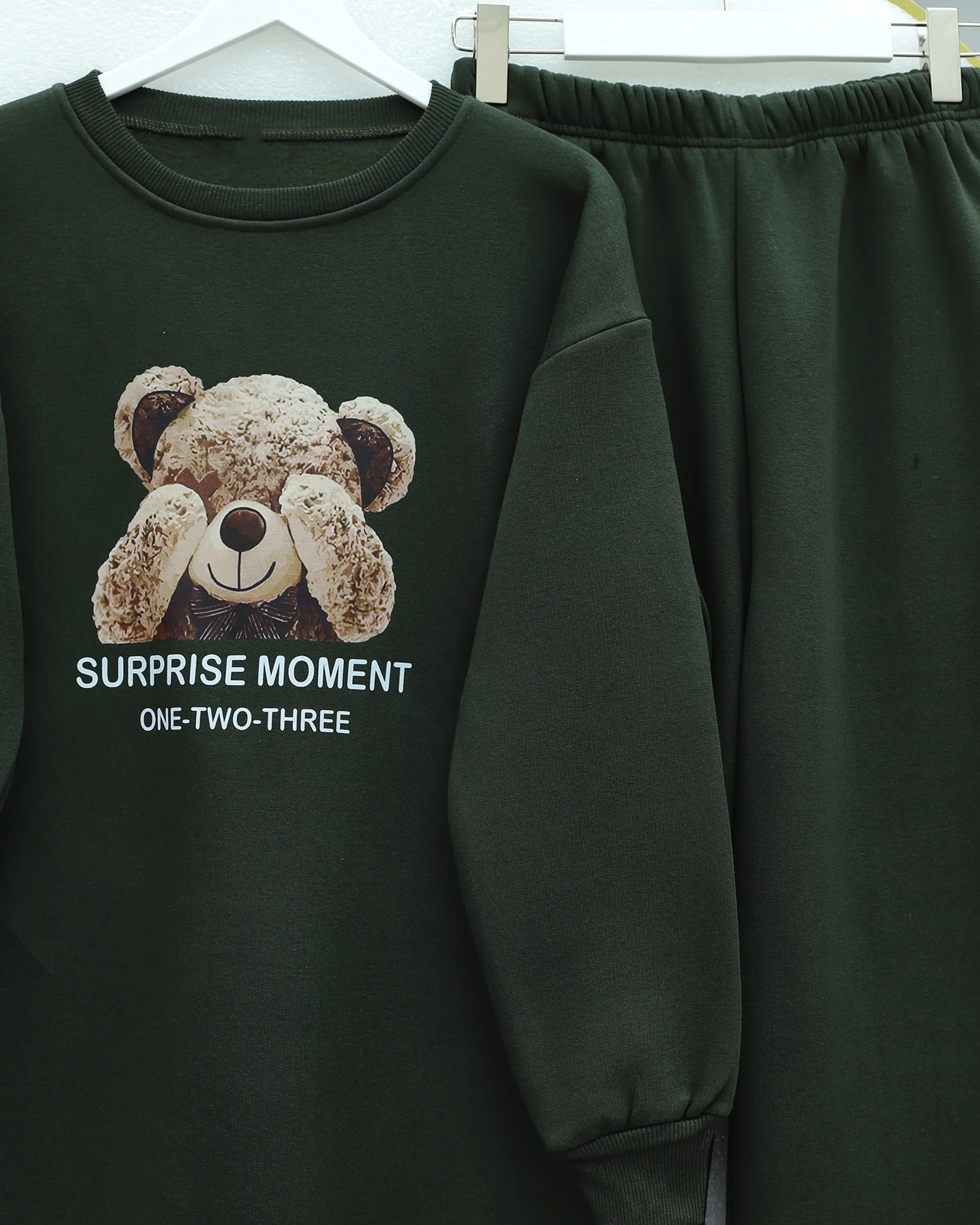 Teddy Bear Print Brushed 3-Thread Sweatshirt and Trousers Set - Khaki - Podyumplus - by Peralane - photo 5