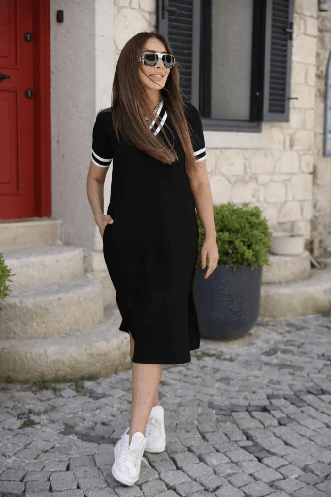 Women's Short Sleeve V-Neck Ribbed Detail Midi Viscose Dress - Janes - by Peralane - photo 2