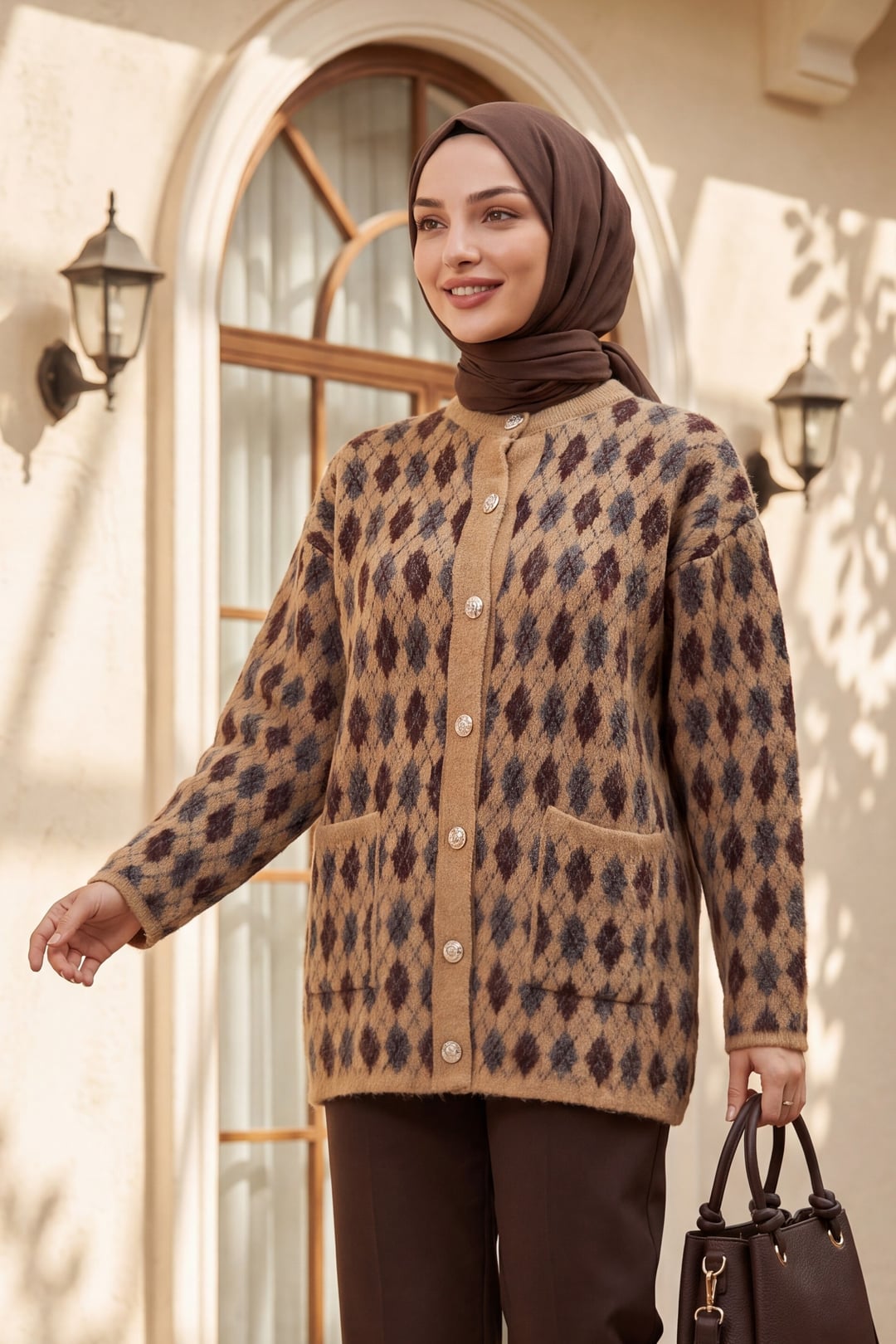 Patterned Button-Front Cardigan with Pockets - Cinnamon - Podyumplus - by Peralane - photo 2