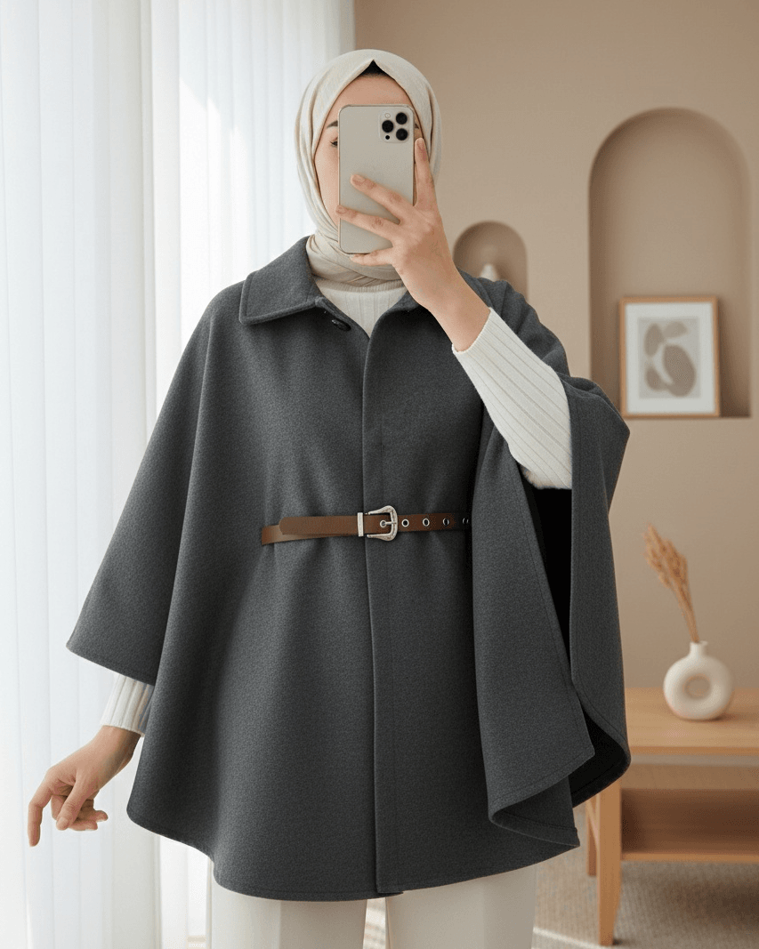 Women's Wool Blend Cape with Belt - Smoke Grey - Podyumplus - by Peralane - photo 2