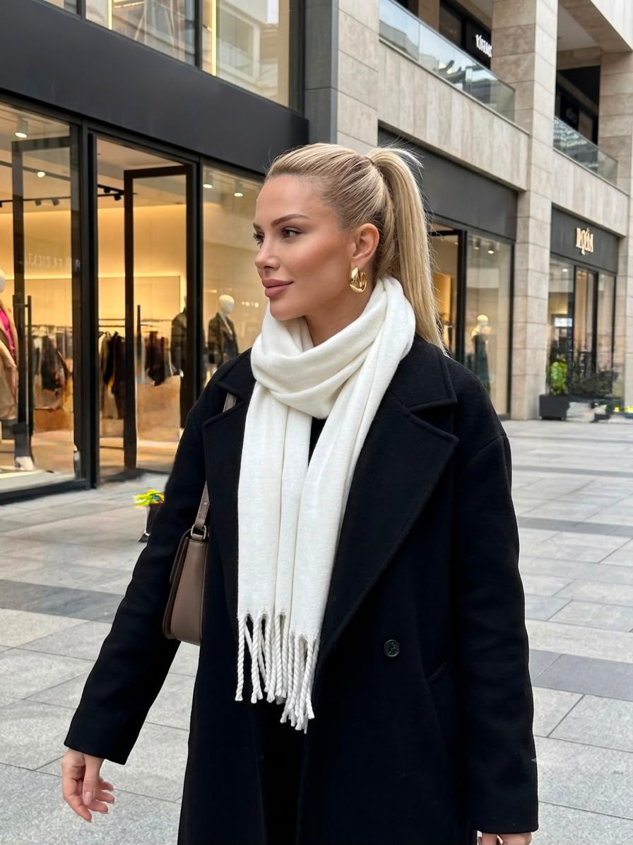 Fringed Soft Textured Puffy Shawl Scarf in Ecru - Nesvay - by Peralane - photo 3