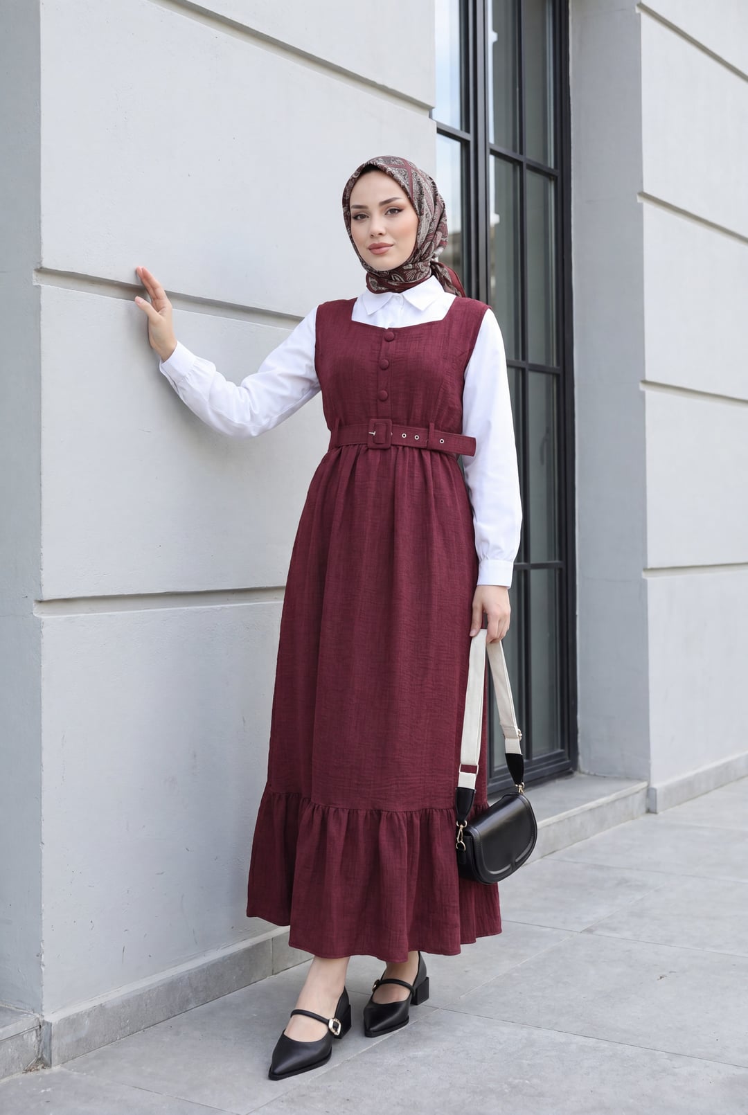 Button-Front Frilled-Hem Belted Jile Dress - Maroon - Podyumplus - by Peralane