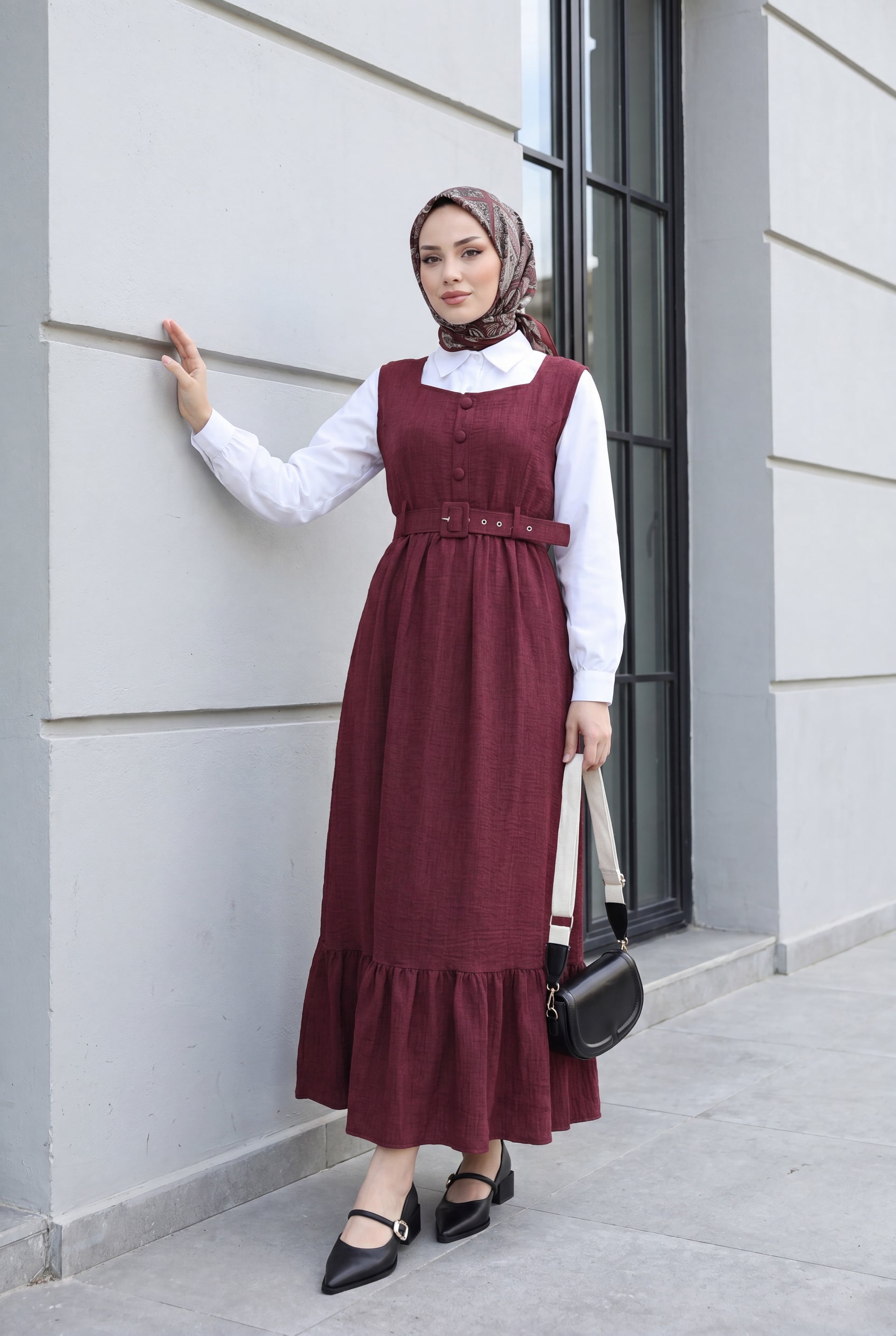 Button-Front Frilled-Hem Belted Jile Dress - Maroon - Podyumplus - by Peralane