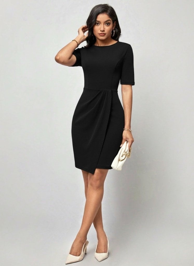 Women's Black Short-Sleeved Round-Neck Tulip Dress with Front Gathering - Janes - by Peralane - photo 4