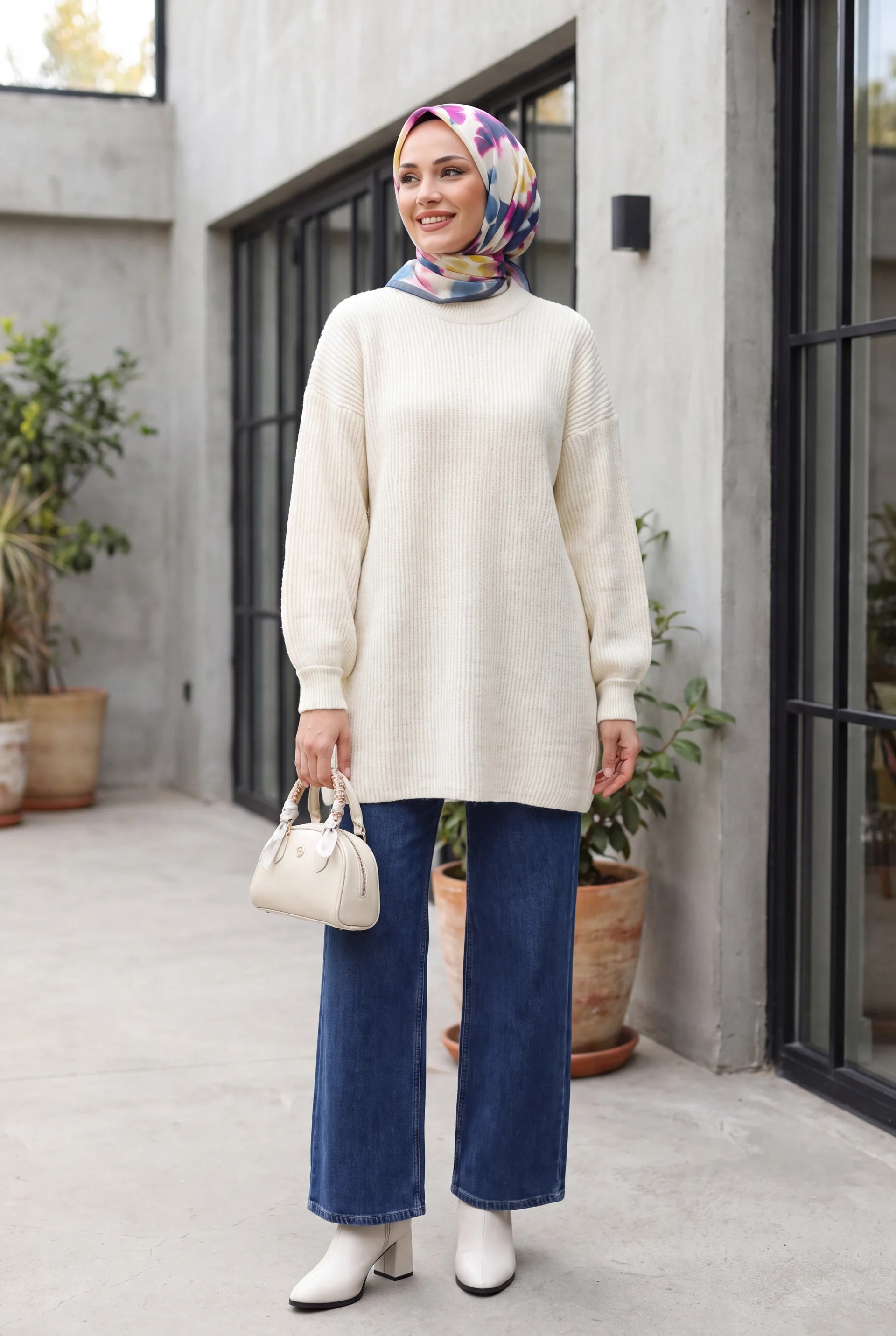 Crew Neck Relaxed Knit Tunic - Ecru - Podyumplus - by Peralane - photo 5