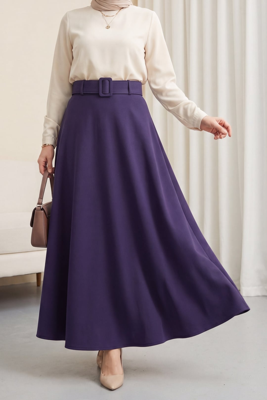 Thick Belted Flared Crepe Skirt - Navy - Podyumplus - by Peralane