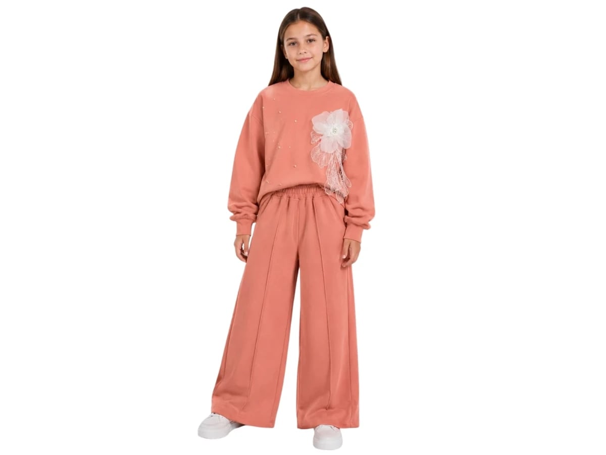 Girls' Pearl Flower Embroidered Sweatshirt and Wide-Leg Trousers Set - Salmon - Incilay - by Peralane