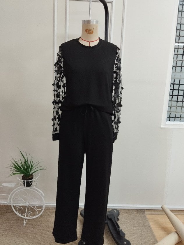 Women's Long-Sleeve Cycling Neck Tulle Sleeve Viscose Two-Thread Blouse and Pants Two-Piece Set - Janes - by Peralane - photo 5