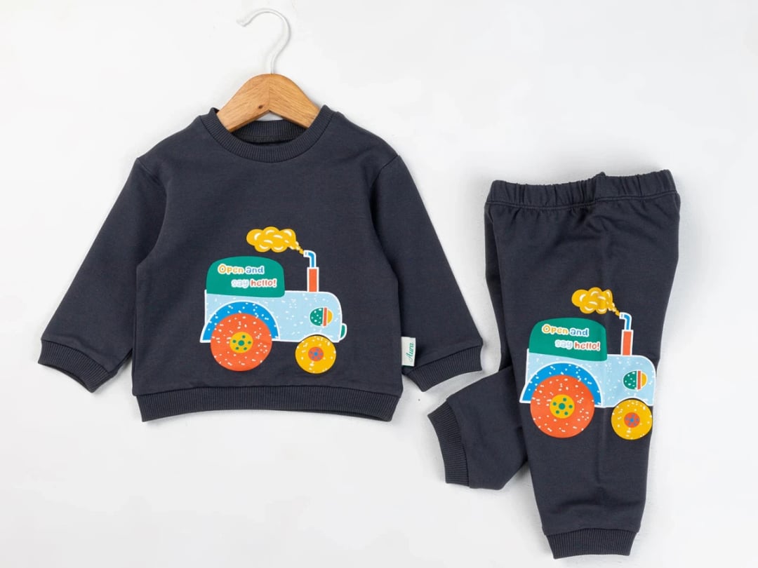 Tractor Print Baby Boy Sweatshirt and Trousers Set - Dark Grey - Comix - by Peralane